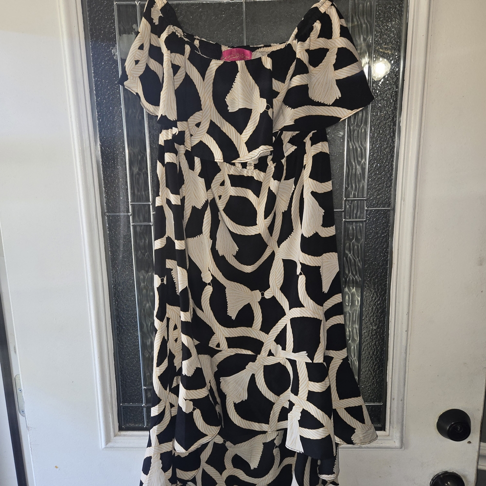 Macbeth Collection Asymmetrical Black and Cream Dress